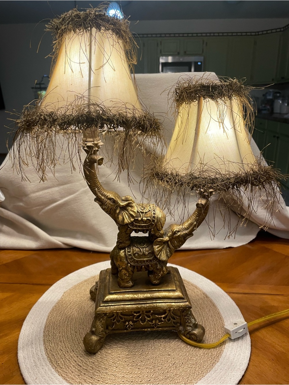 Vintage Gold Elephant Double Table Lamp with Beige Fringe Shades